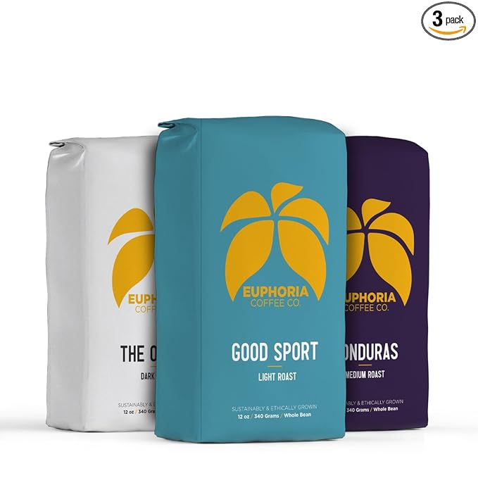 EUPHORIA COFFEE CO. Whole Bean Variety Pack with Good Sport Light Roast, Honduras Medium Roast, and The Office Dark Roast | 12oz Bag (3 Pack)