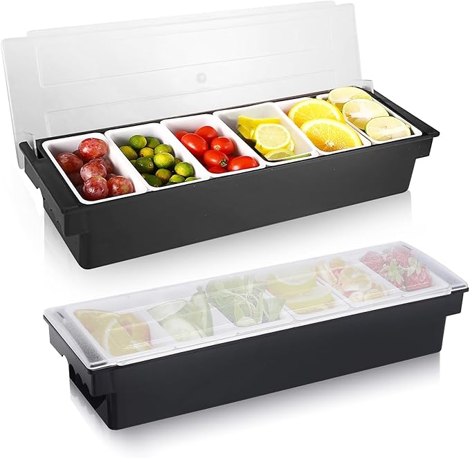 WICHEMI Fruit, Veggie & Condiment Caddy with Lid Dispenser Tray Garnish Station for Bartending & Serving Taco, Ice Cream, Salad Bar - Topping Organizer for Restaurant Supplies (6 Compartment, 2 Pack)