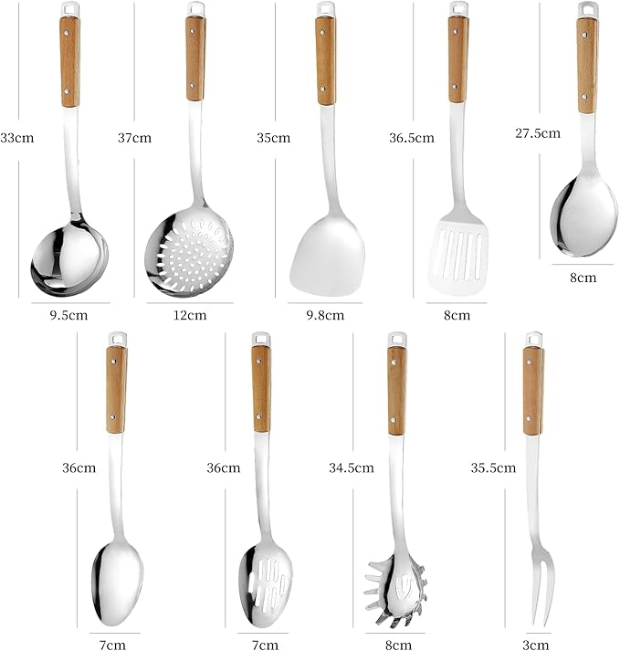 9pcs Cooking Utensils Set 304 Stainless Steel Kitchen Utensils with Wooden Hanlde Metal Kitchen Utensils Soup Ladle Set Dishwasher Safe Kitchen Essentials Set Kitchen Tool Set, Dishwasher Safe