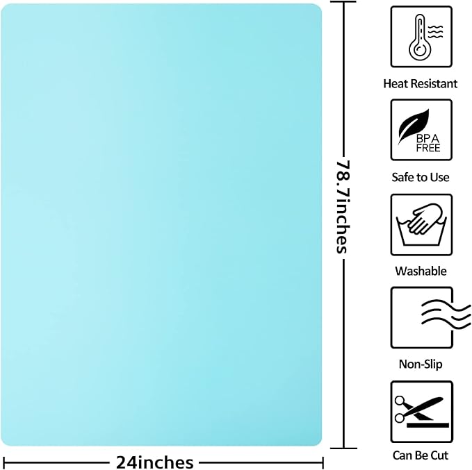 Silicone Mats for Kitchen Counter, Nonslip Silicone Mats for Crafts Countertop Protector Heat Resistant Mat (78.7” x 24” x 0.08”, Cyan)