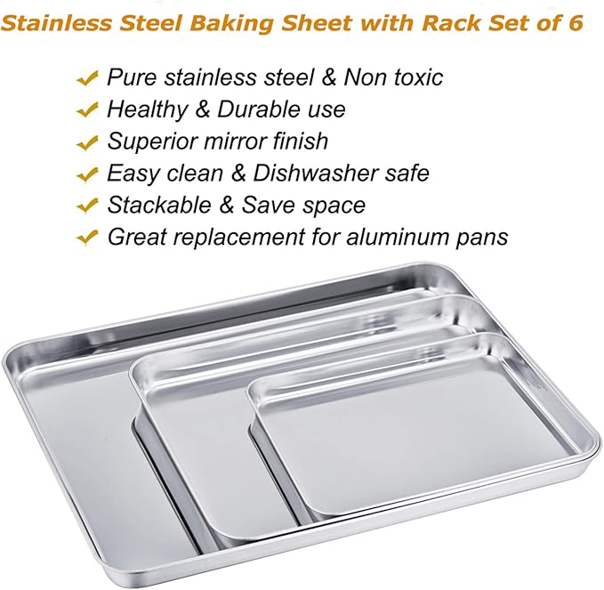 TeamFar Baking Sheet with Cooling Rack Set (3 Pans + 3 Racks), Stainless Steel Cookie Sheet Cooking/Baking, Healthy & Dishwasher Safe, Sturdy & Long Lasting