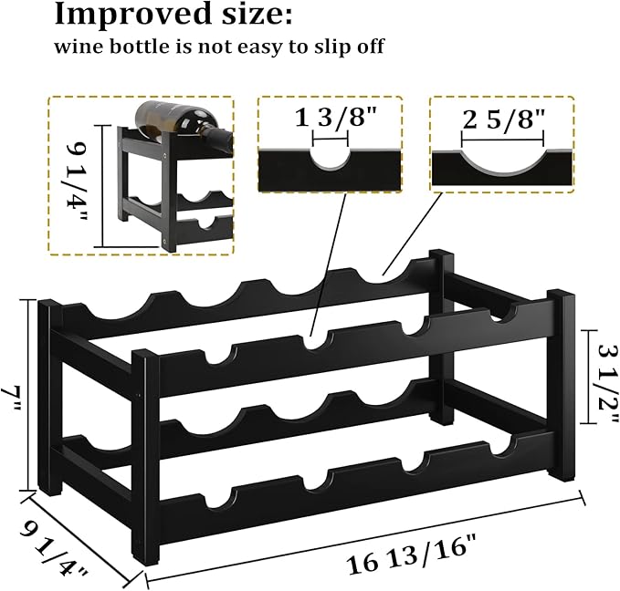 BAMEOS Wine Rack Freestanding 8 Bottle 2 Tier Bamboo Wine Racks Countertop Cabinet Wine Holder Wine Storage Shelf for Kitchen, Bar, Pantry, Wine Cellar, Countertop Black (16.85 L x 9.25W x 7H)