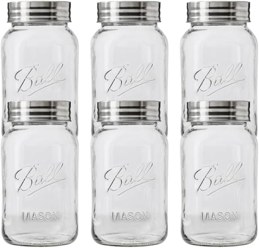 Ball Regular Mouth Glass Mason Jars with Lids and Bands, Used for Canning (Quart, 32 Ounce (Pack of 6))