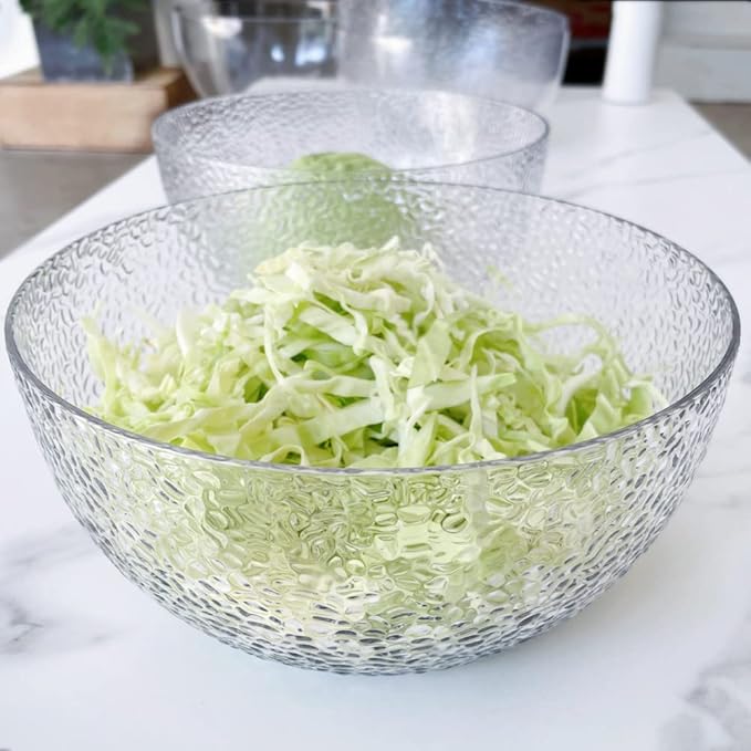 Qxbekmor 130 oz Acrylic Salad Bowls, 9.5" Serving Bowls for Fruits, Popcorn, Chips, Dips, Condiments, Break-Resistant Set of 2, Clear Circular
