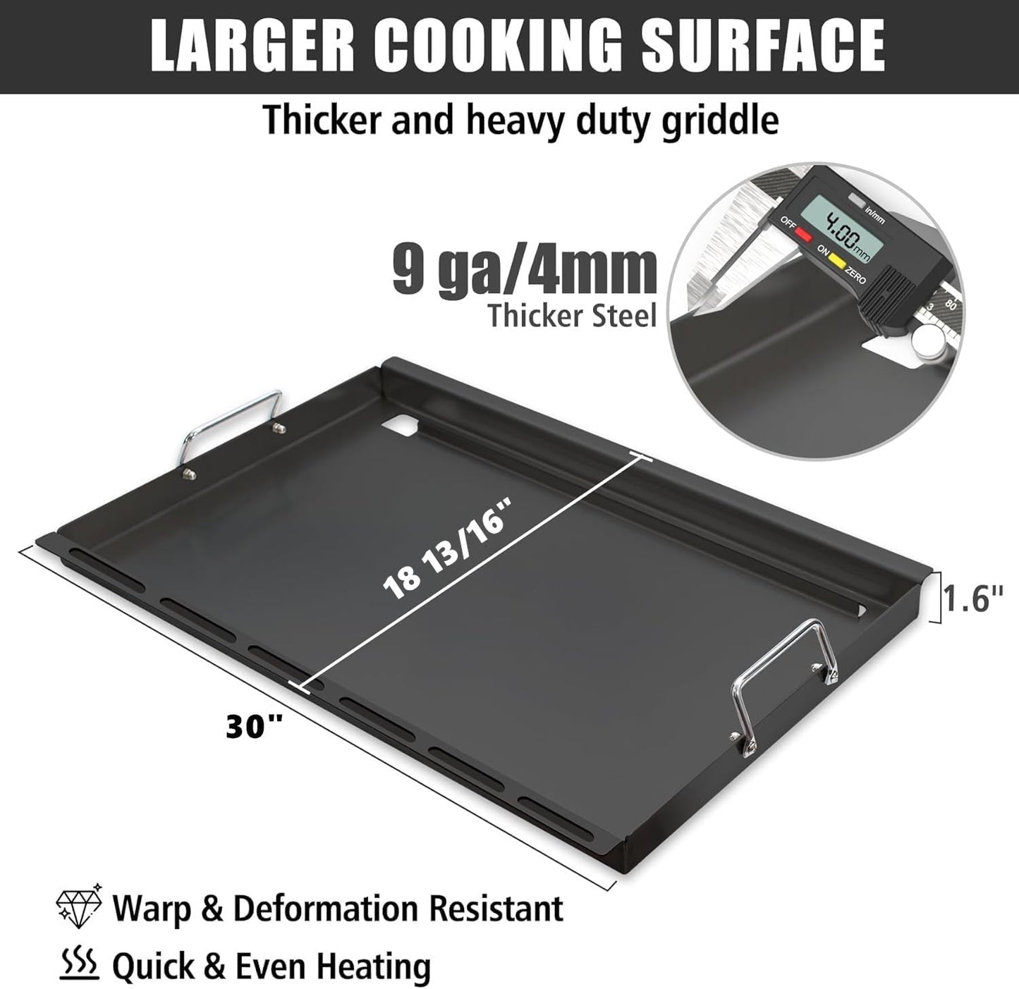 Full Size Griddle with Handles for Kitchen Aid 720-0709C 720-0826 860-0003C, Flat Top Grill Insert Replacement for KitchenAid 750-0780 870-0003 Nexgrill 720-0709B, Carbon Steel, Non-stick