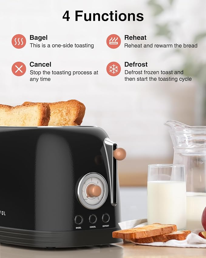 CROWNFUL 2-Slice Toaster, Extra Wide Slots Toaster, Retro Stainless Steel with Bagel, Cancel, Defrost, Reheat Function and 6-Shade Settings, Removal Crumb Tray, Black