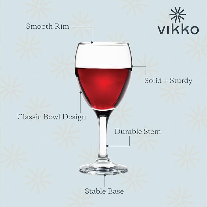 Vikko 11.5 Ounce Wine Glasses, Set of 6 Glasses for Red and White Wine With Stem, Clear Glasses for Wine, Thick and Durable Stemmed Cup