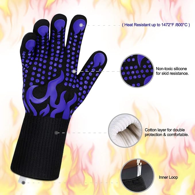Comsmart BBQ Gloves, 1472 Degree F Heat Resistant Grilling Gloves Silicone Non-Slip Oven Gloves Long Kitchen Gloves for Barbecue, Cooking, Baking, Cutting