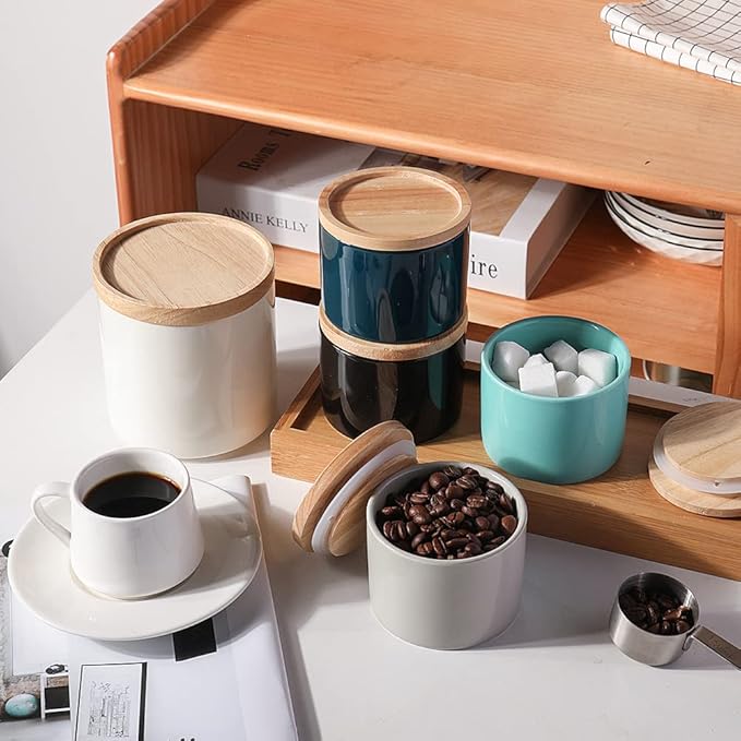 Sweejar Kitchen Canisters Ceramic Food Storage Jar, Stackable Containers with Airtight Seal Wooden Lid for Serving Ground Coffee, Tea, Sugar, Spice and More - 5 Fl Oz(Navy)
