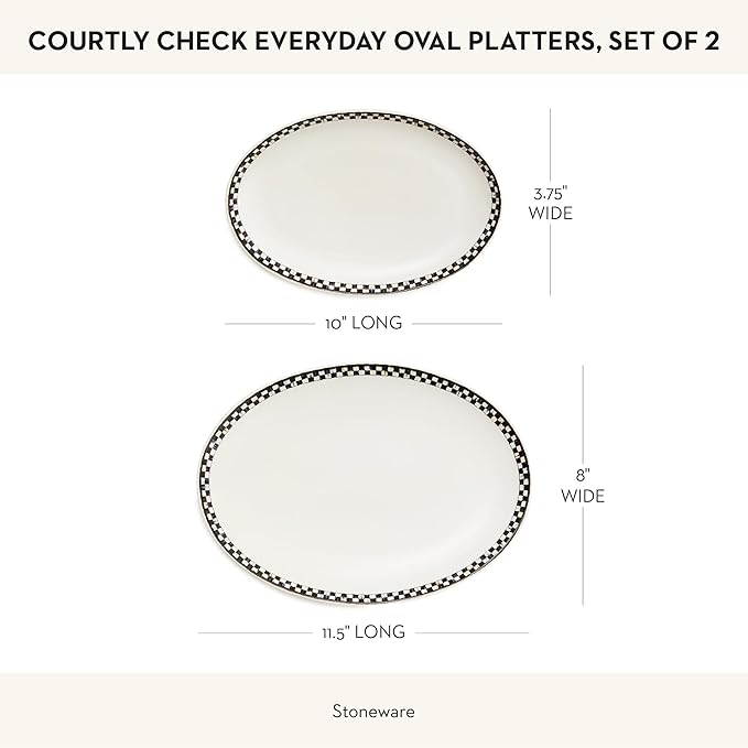MACKENZIE-CHILDS Set of 2 Everyday Oval Platters, Dishwasher-Safe and Microwave-Safe, Black-and-White Courtly Check