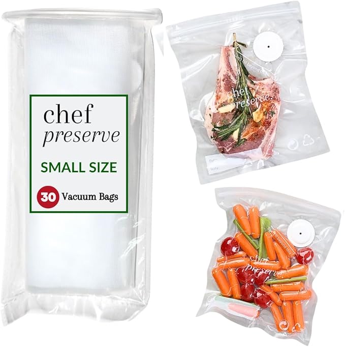 Chef Preserve Reusable Vacuum Sealer Bags for Food – 30 BPA-Free Small (8 x 10 in) Food Storage Bags, Freezer, Microwave – Odor-Resistant, Leak-Proof – Compatible with Chef Preserve Vacuum Sealers