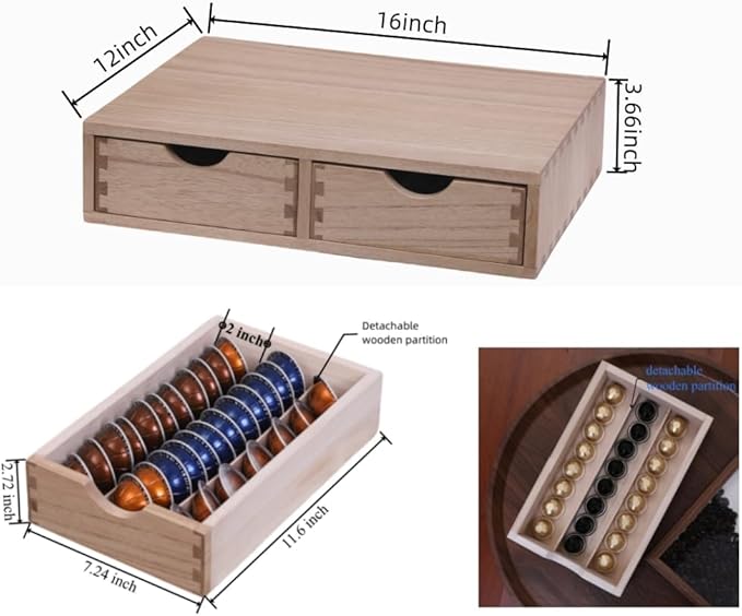 Storage Drawer Holder for Capsules Coffee Pod K-cup Organizer /2 Drawers for Counter Organization for Kitchen Utensil Storage Home Decor Office Supplies- Coffee Brewer Accessories Wood 1D2C-LT
