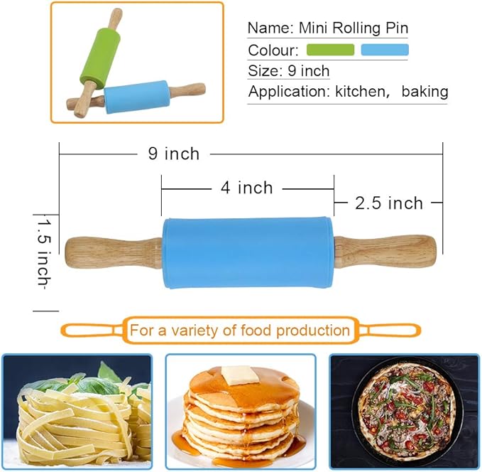 Koogel 9 Inch Mini Kids Rolling Pin, 2 Pcs Small Rolling Pin Handle for Home Kitchen Children Cake