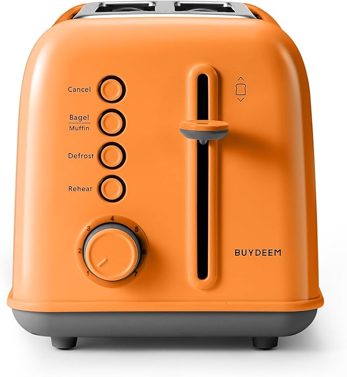 BUYDEEM DT620 2-Slice Toaster, Extra Wide Slots, Retro Stainless Steel with High Lift Lever, Bagel and Muffin Function, Removal Crumb Tray, 7-Shade Settings,Orange