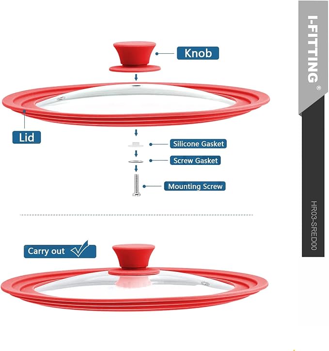 Universal Lid for Pot,Pan,Skillet Fits 6.5",7",8" Cookware Silicon lid Dishwasher Safe, Replacement Lid Vented Tempered Glass with Heat Resistant Silicone Rim By HR Huare Technology, Red,1 Pack