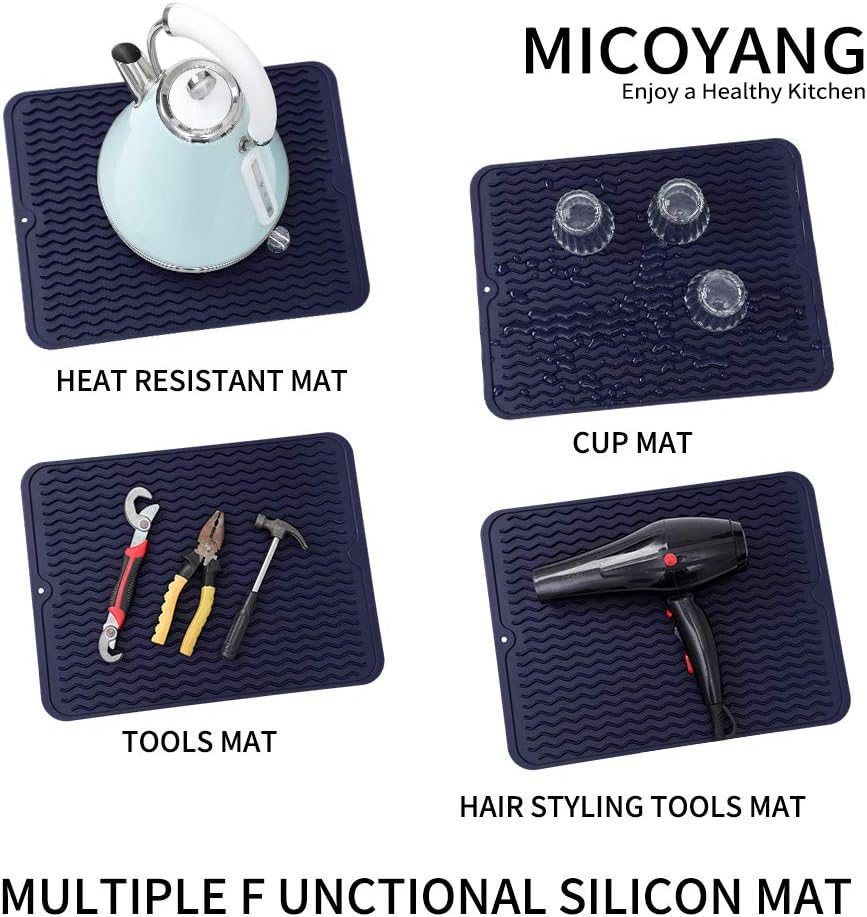 Silicone Dish Drying Mat for Multiple Usage,Easy clean,Eco-friendly,Heat-resistant Silicone Mat for Kitchen Counter or Sink,Refrigerator or drawer liner Navy Blue L 16 inches x 12 inches