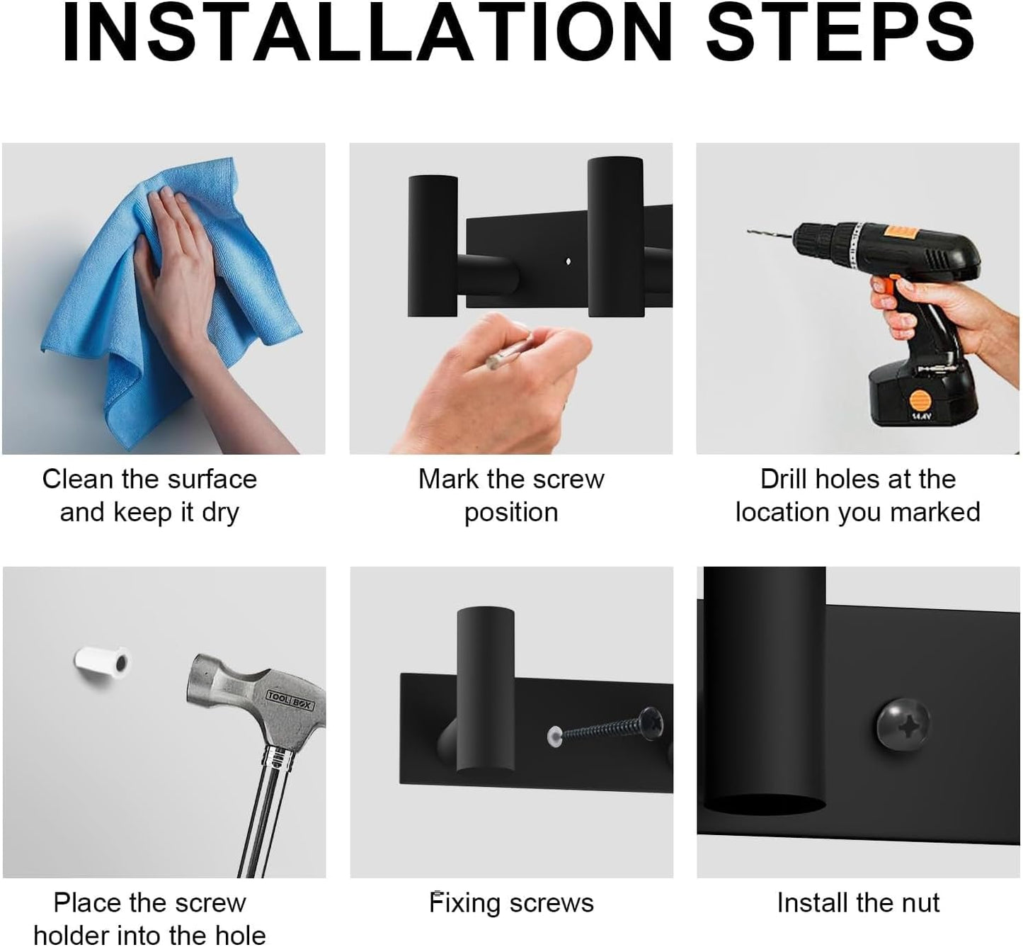 PMMASTO Coat Rack Wall Mounted, 5 "T Shaped Wall Hooks for Hanging, Heavy Duty Stainless Steel Coat Hook Rail for Hat Towel Robes in Bathroom Kitchen Mudroom Entryway (Black, 1 Pack)