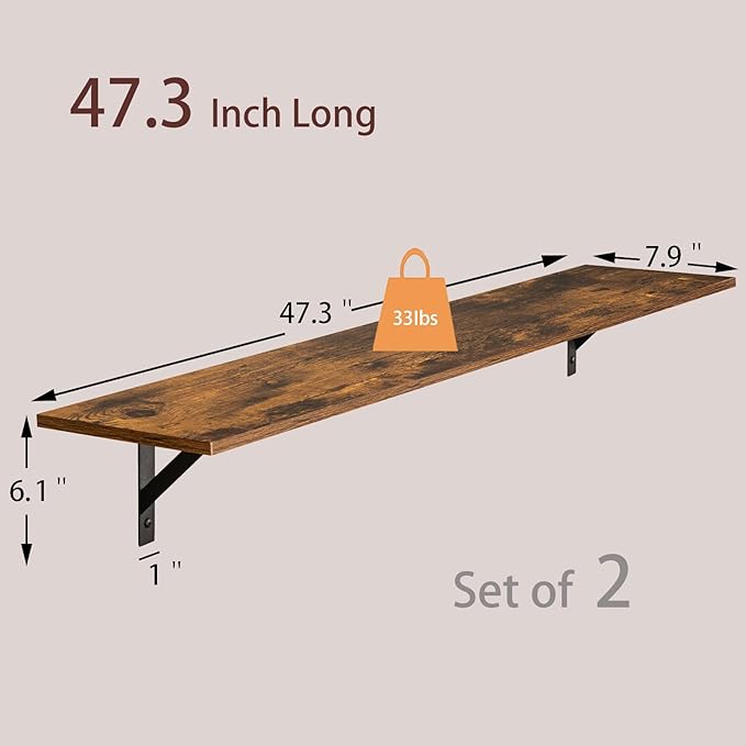 DINZI LVJ Long Wall Shelves, 47.3Inch Wall Mounted Shelves Set of 2, Extra Large Wall Storage Ledges with Sturdy Metal Brackets for Living Room, Bathroom, Bedroom, Kitchen, Rustic Brown