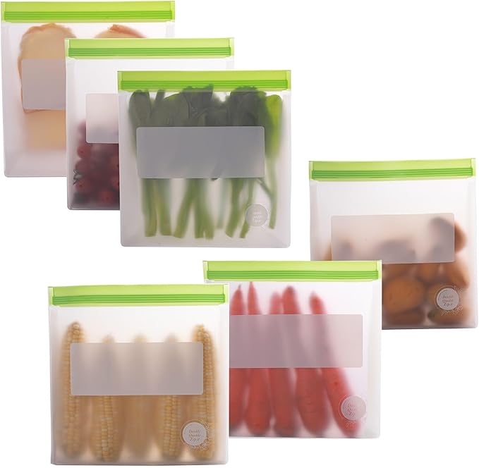 Reusable Silicone Food Storage Bags – 6-Pack Stand-Up, BPA-Free, Freezer, Dishwasher Safe & Eco-Friendly – 6 Gallon Bags – Airtight Leakproof, Organization and Storage Baggies (Multicolor (Green))