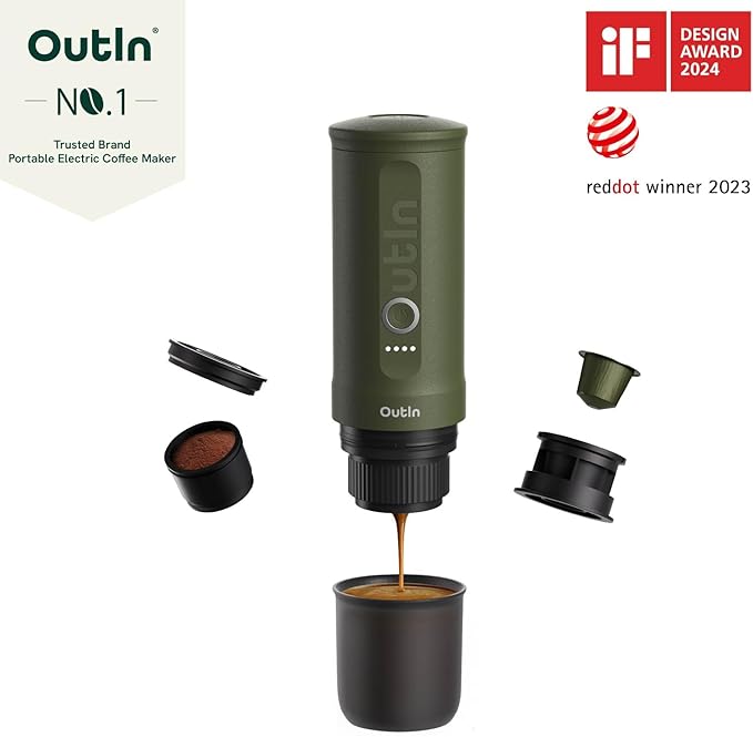 OutIn Nano Portable Electric Espresso Machine, Travel Coffee Maker for Camping, Car Coffee Maker Self-Heating with USB-C, With Ground Coffee & NS Capsule for RV, Hiking, Office