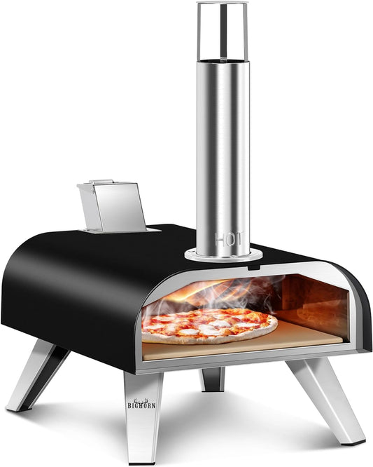 BIG HORN OUTDOORS 12" Black Pizza Ovens Wood Pellet Fired Pizza Maker, Stone-Baked Pizzas Made Easy Use Anywhere, Backyard Camping Party Cooking with your Family or Friend