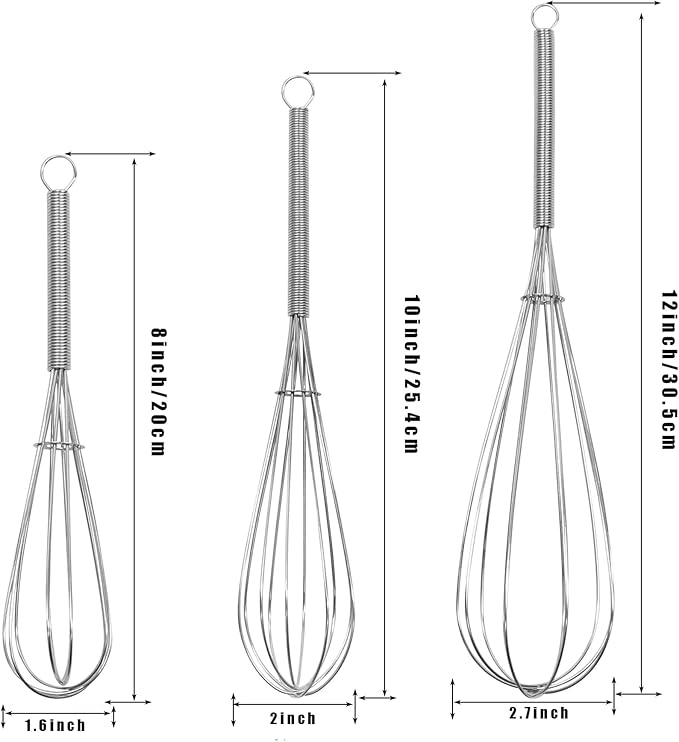 Mini Whisk 3-Pack - 8, 10 & 12 Inch Heavy-Duty 304 Stainless Steel Wire Whisks for Cooking, Baking, Eggs, Sauces & Creams (Ergonomic Spiral Handle, Silver, Dishwasher Safe)