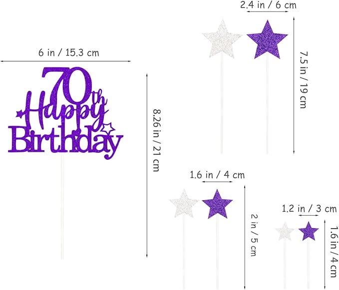 Glittery 70th Happy Birthday Cake Topper with Star,Personalised 70 Birthday Cake Toppers Party Decorations Party Supplies for Men Women Purple Silver