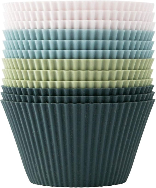 The Silicone Kitchen Reusable JUMBO Silicone Baking Cup, Non-Toxic, BPA Free, Dishwasher Safe, Jumbo, 12 Pack, White Blue Green