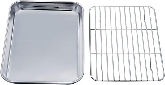 TeamFar Toaster Oven Tray and Rack Set, 9.3’’ x 7’’ x 1’’, Stainless Steel Toaster Oven Pan Broiler Pan, Non Toxic & Healthy, Easy Clean & Dishwasher Safe
