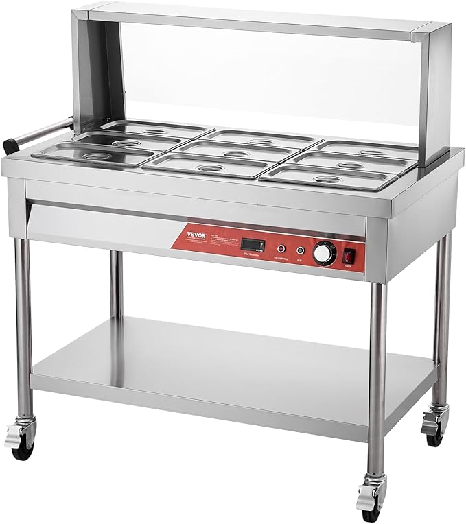 VEVOR 9-Pan Commercial Food Warmer, 9 x 1/3 Pans Electric Steam Table, 1500W Professional Buffet Catering Food Warmer with Shield Undershelf Wheels, Stainless Steel Server for Party Restaurant