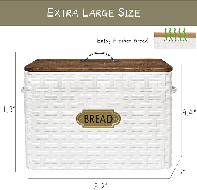 Extra Large Space Saving Farmhouse Bread Box With Wood Lid - Vertical Breadbox Bread Storage Bin Holder for Kitchen Countertop, White