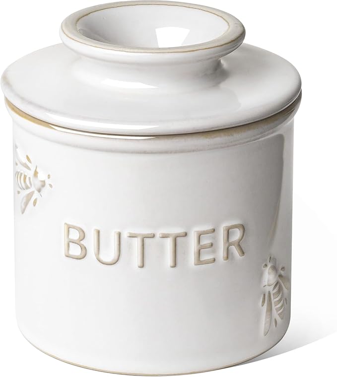 LE TAUCI Butter Crock, Butter Dish with Lid, Butter Container for Counter with Water Line, Embossed French Butter Keeper for Spreadable Butter, Suit For Housewarming - Set of 1, Arctic White, Bee