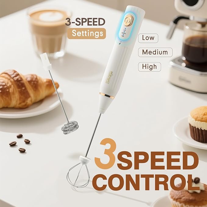 DSP Electric Whisk Rechargeable with Egg whisk milk frothing bar, 3 Speed Adjustable, Milk Frother Handheld for Latte, Cappuccino (White)