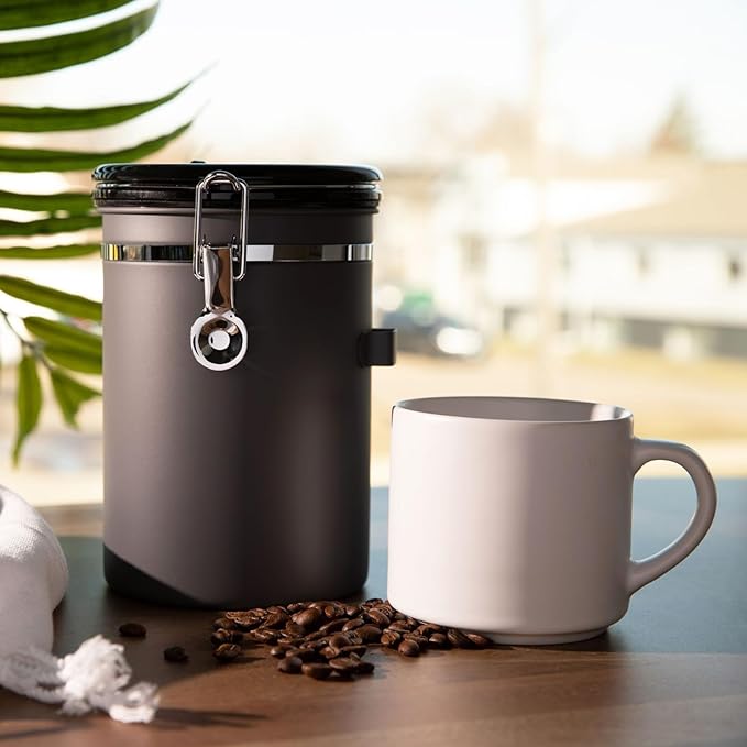 Veken Coffee Canister, Airtight Stainless Steel Kitchen Food Storage Container with Date Tracker and Scoop for Grounds Coffee, Beans, Tea, Flour, Cereal, Sugar, Cookies Jars, 22OZ Gray