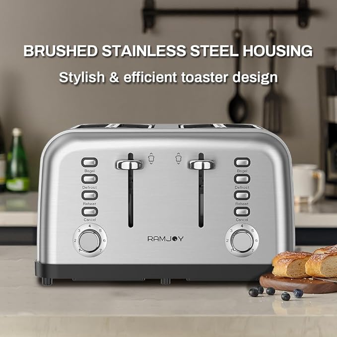 Toaster 4 Slice, Dual Independent Controls, Extra Wide Slot Toasters for Bagel, Bread, Waffles, 7 Shade Settings, 4 Main Functions, Removable Crumb Tray, 1500 Watts, Brushed Stainless Steel
