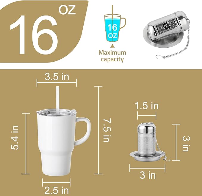 Sweejar Ceramic Travel Mug with Lid, 16 oz Portable Coffee Mug, Dishwasher Safe Tea Cup with Infuser, Reusable Teacup for Car Cup Holder, Tea Lovers(White)