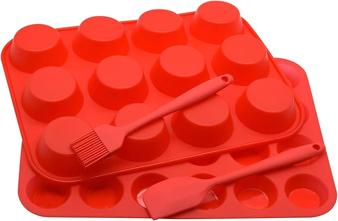 Silicone Muffin Pan Cupcake Set, Non-Stick Regular 12 Cups and Mini 24 Cups,Silicone Baking Molds,BPA Free Muffin Tin with 1 Silicone Spatula & 1 Oil Brush (Red)
