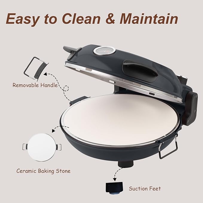 12" Electric Pizza Oven - Countertop Pizza Maker with Ceramic Stone, Heats up to 800°F, Portable Indoor Pizza Oven for Homemade Pizzas, Grey