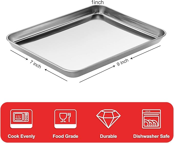 Baking Sheet, Stainless Steel Cookie Sheet Baking Pan Tray for Toaster Oven Size 9 x 7 x 1 Inch, Non Toxic & Healthy, Mirror Finish & Easy Clean, Dishwasher Safe