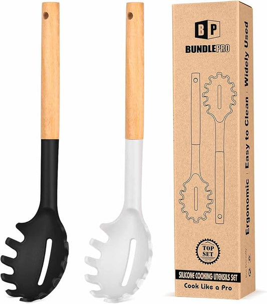 Pack of 2 Spaghetti Spoon, Silicone Pasta Fork with Wooden Handle, Heat Resistant Noodle Spoon Server, BPA Free Spaghetti Strainer(BLACK-WHITE)