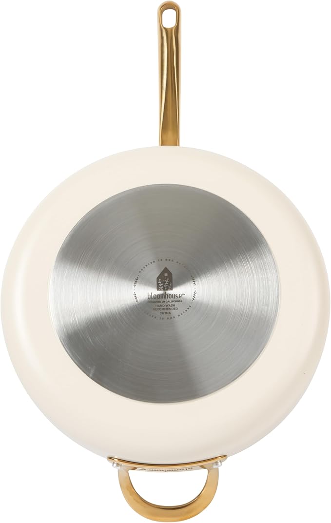 bloomhouse - Oprah's Favorite Things - 6 QT Heavy Duty Aluminum Premium PFA Free Ceramic Nonstick Saute/Deep Frying Pan Skillet with Lid - Almond Cream w/Gold Handle