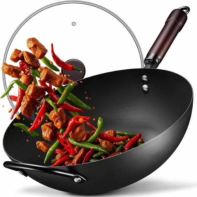 Wok, 13 Inch carbon steel woks & stir-fry pans nonstick, Pre-Seasoned 5.8QT Flat Bottom Chinese Wok Pan with lid, Carbon Steel Cookware, Compatible with All Cooktops