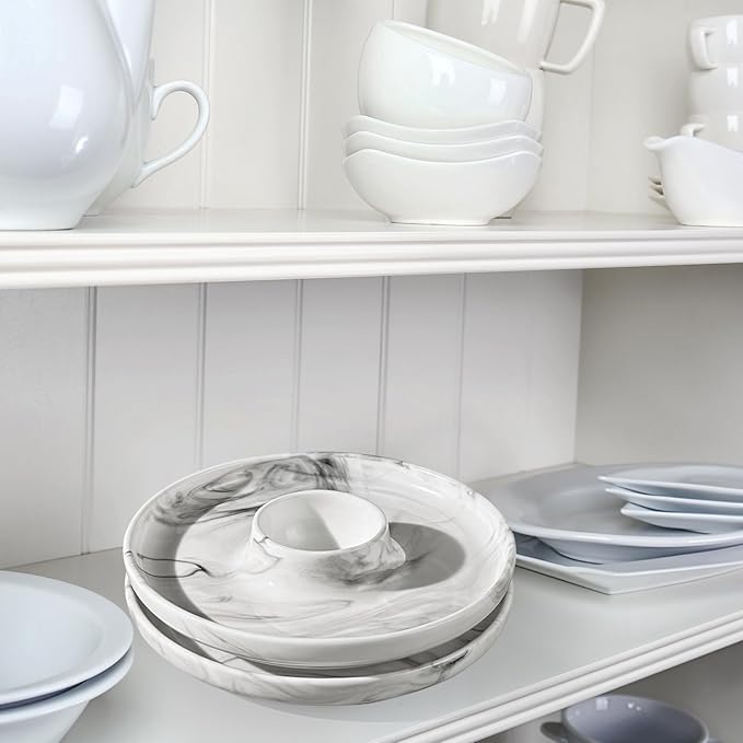 Cinf EggHolder & Spoon Set 2 Ceramic Egg Holders + 2 SS Spoons Breakfast Plate Marble 5.5'' Food Container Egg Tray Dinner Serving for Hard Boiled Eggs, Easter & Deserts Dish