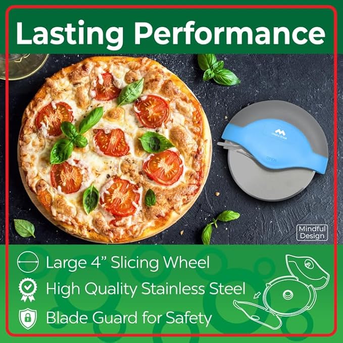 Mindful Design Pizza Cutter Wheel with Protective Blade Cover, Easy to Clean and Dishwasher Safe Ergonomic Pizza Slicer (Blue)
