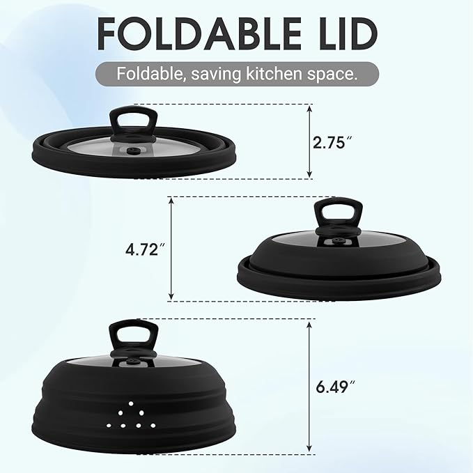 Microwave Splatter Cover Collapsible Silicone & Tempered Glass 11.8 Inch Microwave Cover for Food Splatter Guard with Steam Vents Dishwasher Safe Fits Bowls, Plates & Pots (Black)