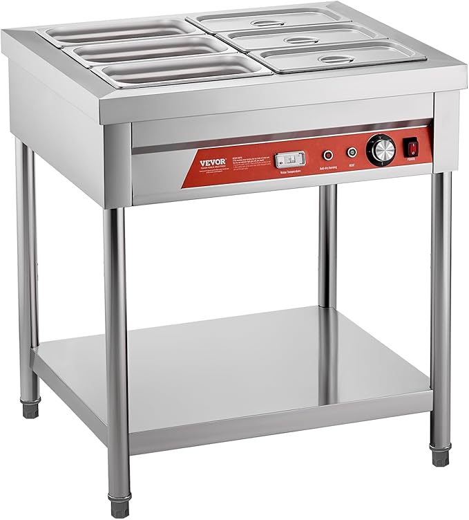 VEVOR 6-Pan Commercial Food Warmer, 6 x 1/3 Pans Electric Steam Table, 1500W Professional Buffet Catering Food Warmer with Undershelf, Stainless Steel Server for Restaurant Party Hotel
