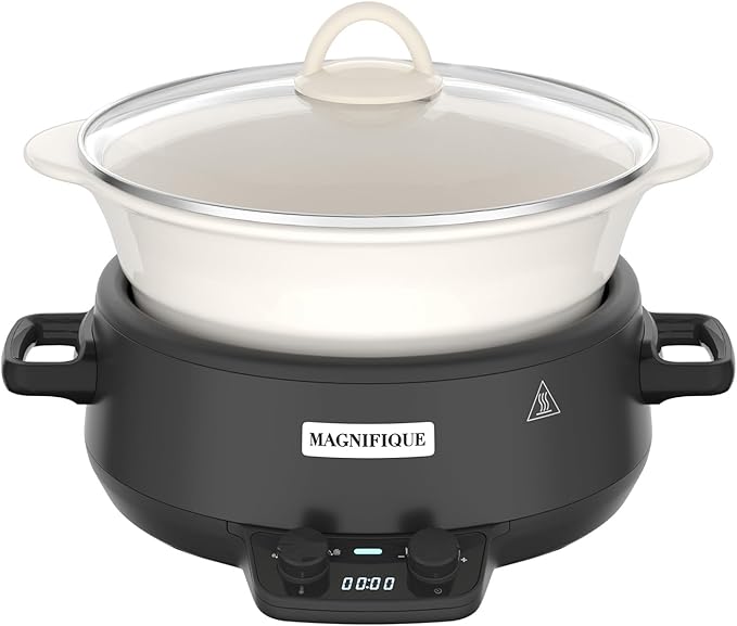 MAGNIFIQUE 5 Quart Programmable Slow Cooker with Auto Warm Setting, Glazed Ceramic Liner, Kitchen Small Appliance for Family Dinners, Black