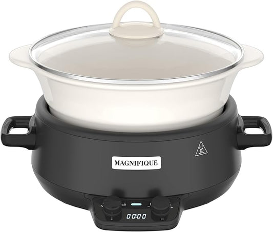 MAGNIFIQUE 5 Quart Programmable Slow Cooker with Auto Warm Setting, Glazed Ceramic Liner, Kitchen Small Appliance for Family Dinners, Black