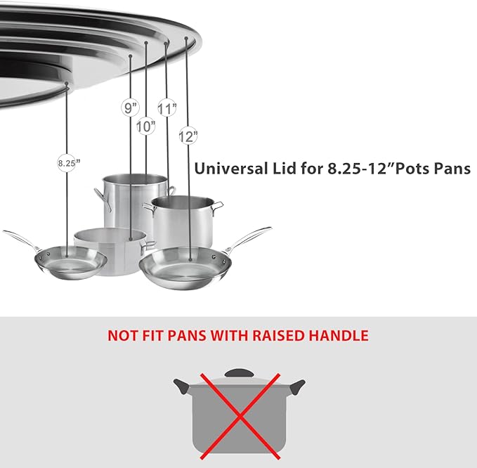 Universal Pans Pots Lid Cover Fit All 8.25 Inch to 12 Inch Pots/Pans/Woks Stainless Steel and Glass Lid with Heat Resistant Knob, Gray