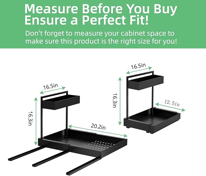 Under Sink Organizer and Storage, All Metal Heavy Duty Expandable Storage Basket, 2 Tier Bathroom Cabinet Organizer, Height Adjustable, Easy Pull Out, Black, 2 Pack